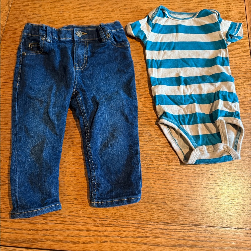 Boys 18M Carters Blue Jeans and Striped Onesie Set